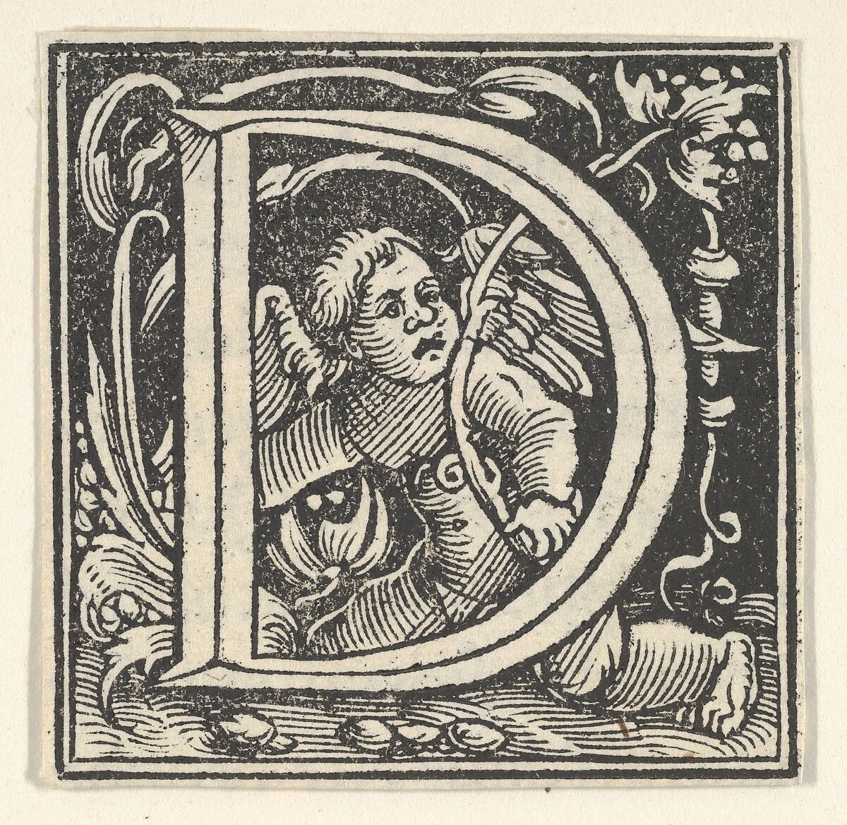 Initial letter D with putto, Heinrich Vogtherr the Elder (German, born 1490, active 1538–1540), Woodcut 