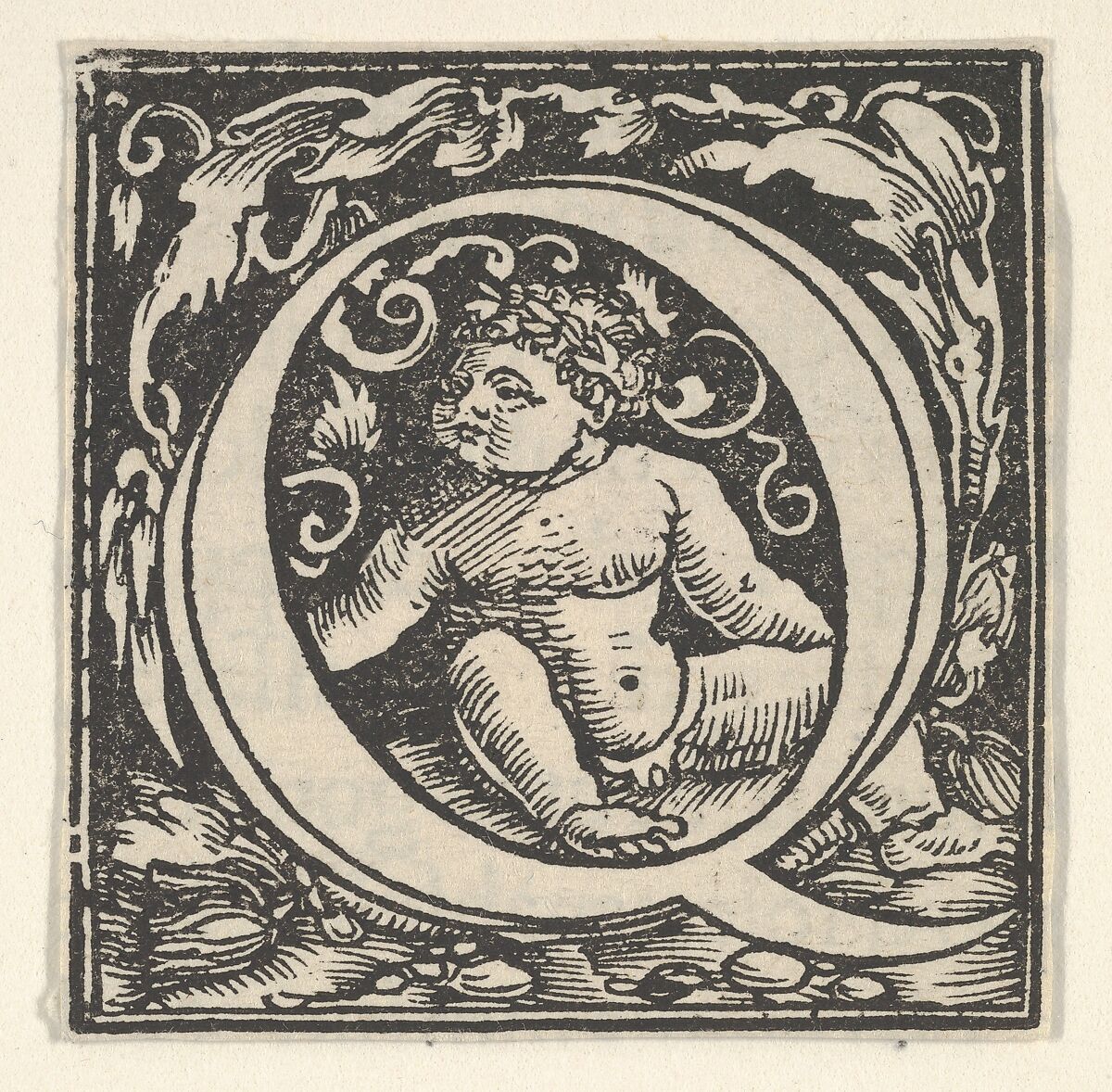 Initial letter Q with putto, Heinrich Vogtherr the Elder (German, born 1490, active 1538–1540), Woodcut 