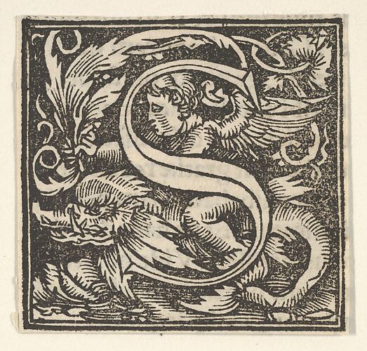 Initial letter S with putto