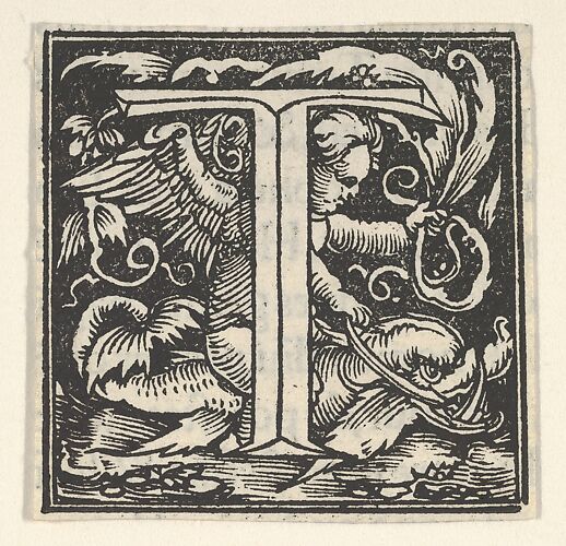 Initial letter T with putto