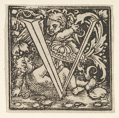 Initial letter V with putti