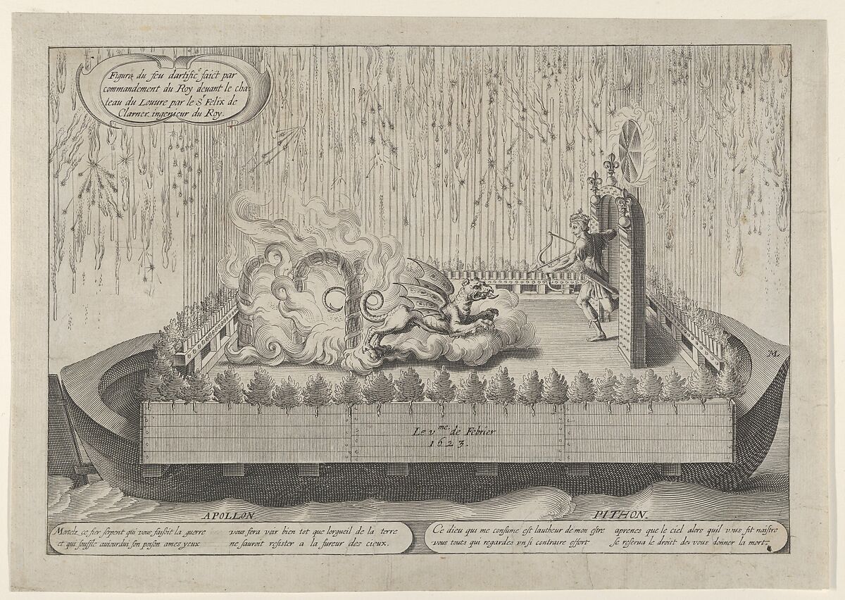 Float with Apollo and the Python, from the fireworks display celebrating Louis XIII's return from a military campaign, Paris, February 1623, Possibly by Michel Lasne (French, Caen 1590–1667 Paris), Etching 