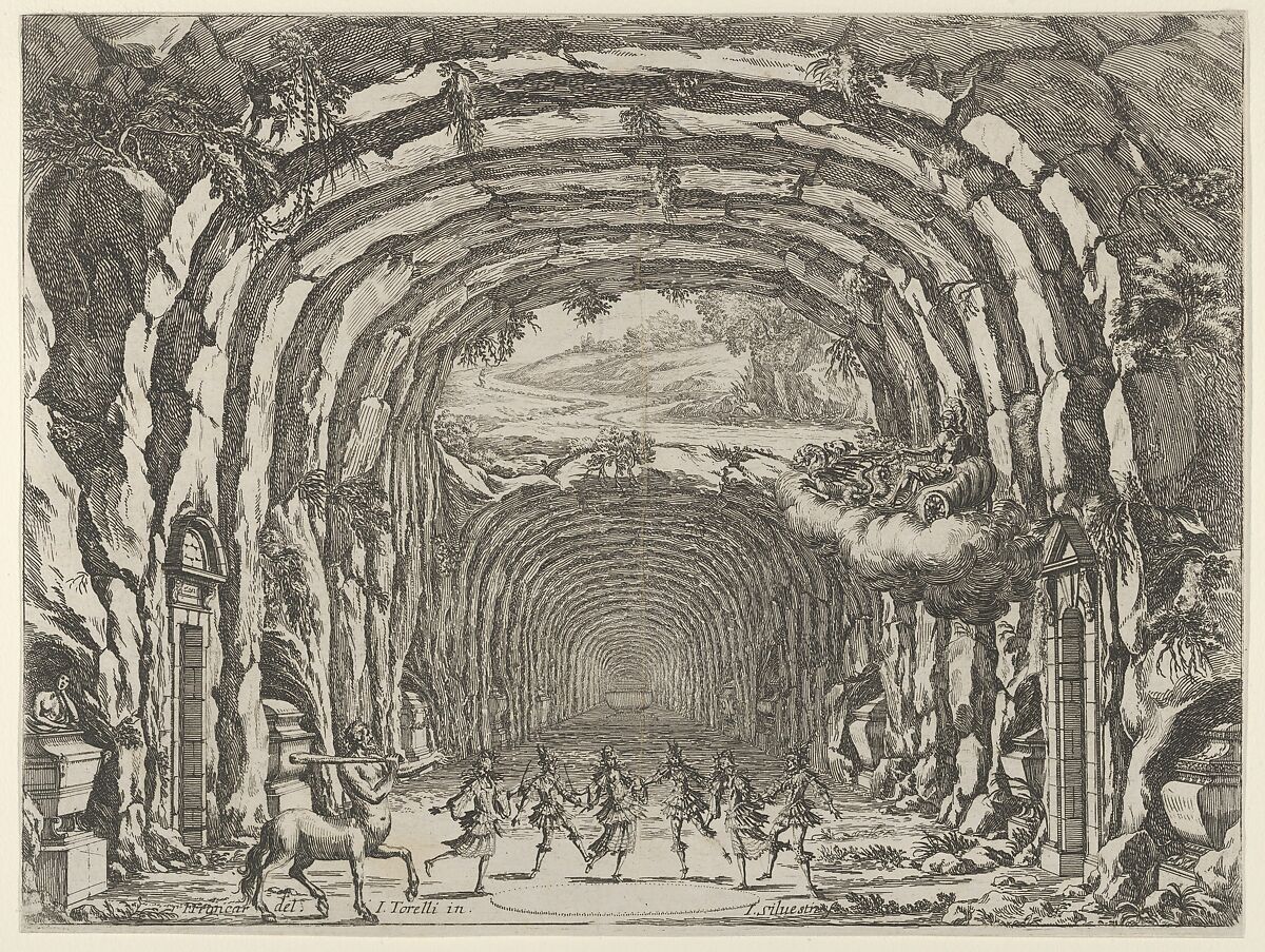 Design for a theater set created by Giacomo Torelli da Fano for the ballet 'Les Noces de Thétis', from 'Décorations et machines aprestées aux nopces de Tétis, Ballet Royal', Israel Silvestre (French, Nancy 1621–1691 Paris), Etching 