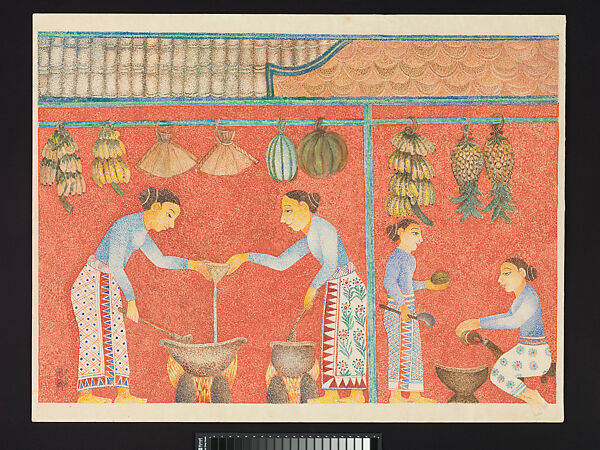 Kitchen Scene, L. T. P. Manjusri (Sri Lankan, 1902–1982), Watercolor on paper, Sinhala 