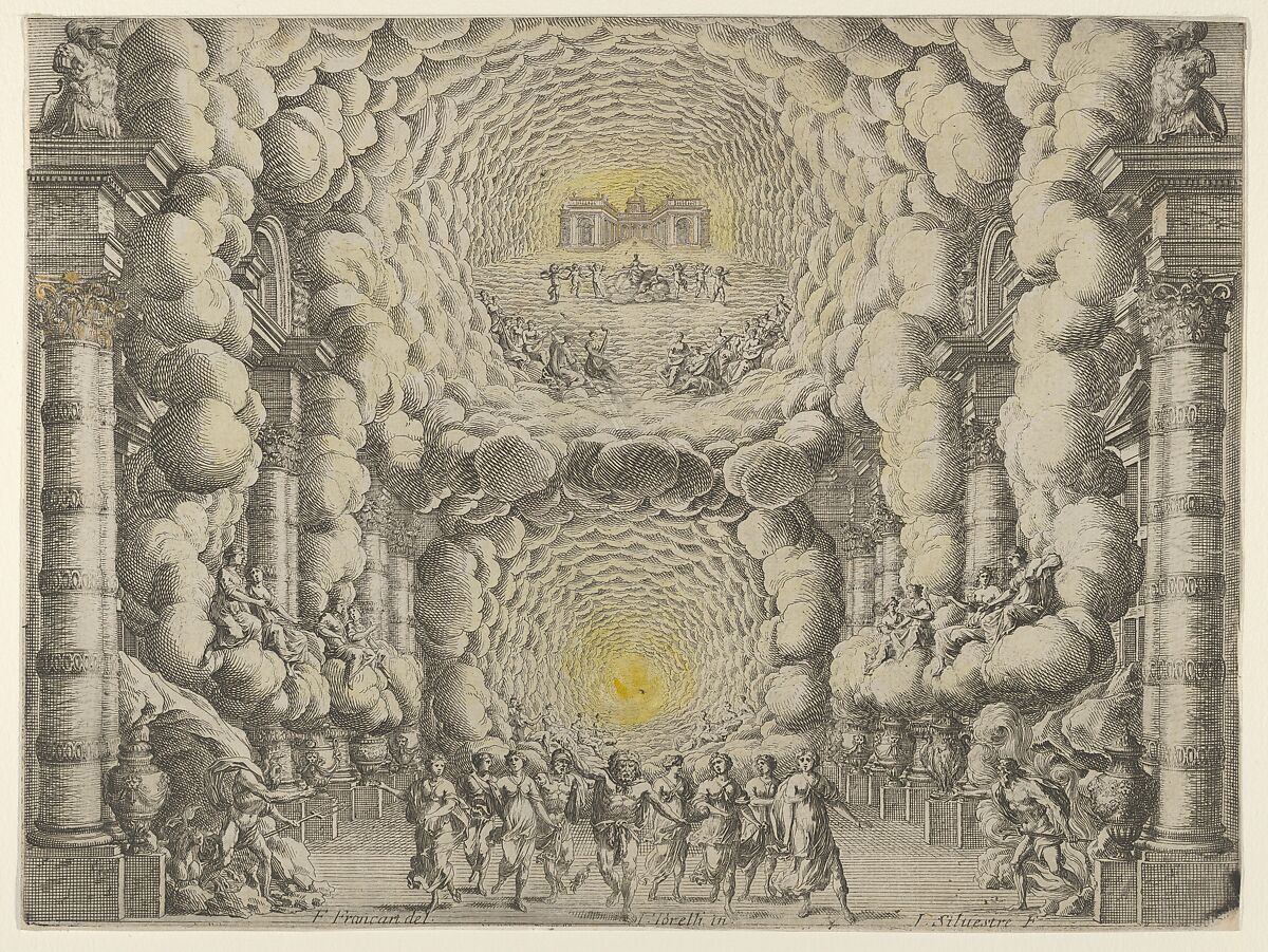 Design for a theater set created by Giacomo Torelli da Fano for the ballet 'Les Noces de Thétis', from 'Décorations et machines aprestées aux nopces de Tétis, Ballet Royal', Israel Silvestre (French, Nancy 1621–1691 Paris), Etching with watercolor and highlights in gold 