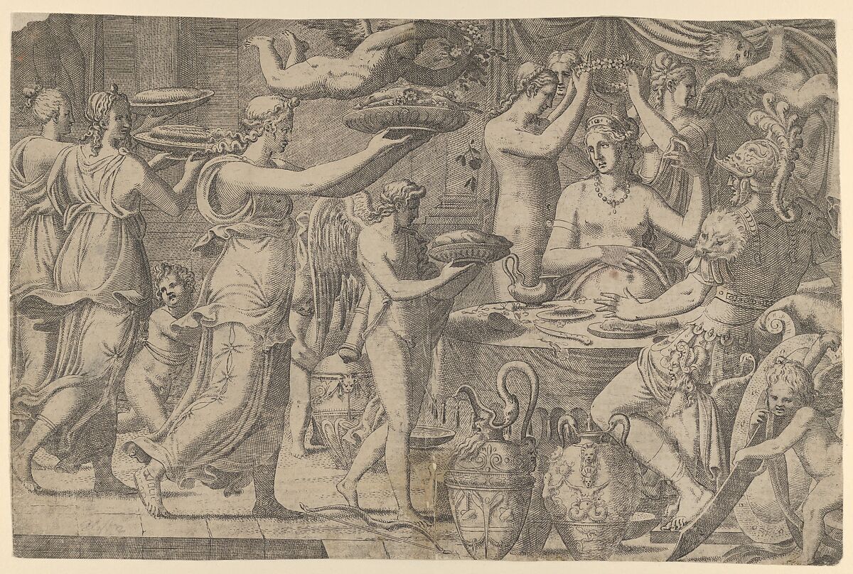 Mars and Venus Served by Cupid and the Graces, Léon Davent (French, active 1540–56), Engraving 