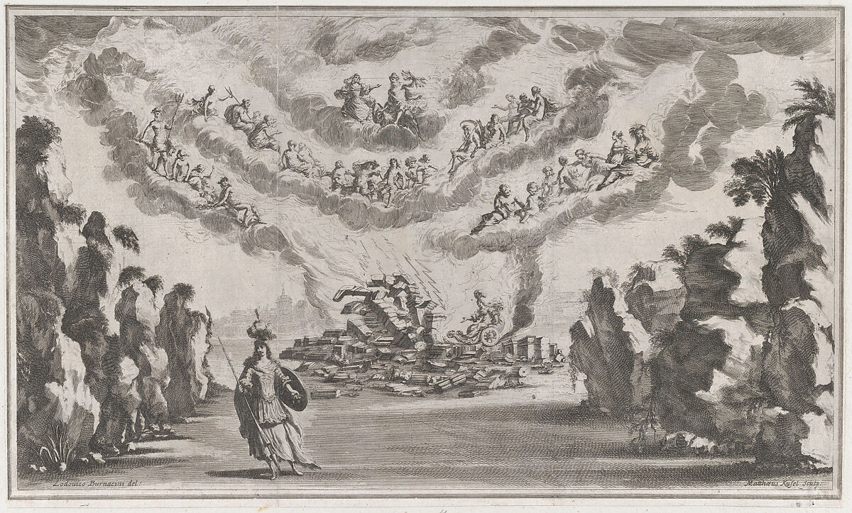 A woman in a chariot arrives at the ruins of a building as the Olympian gods look down from above, in the foreground stands an armed female figure; set design from 'Il Pomo D'Oro', Mathäus Küsel (German, 1621–1682), Etching and engraving 