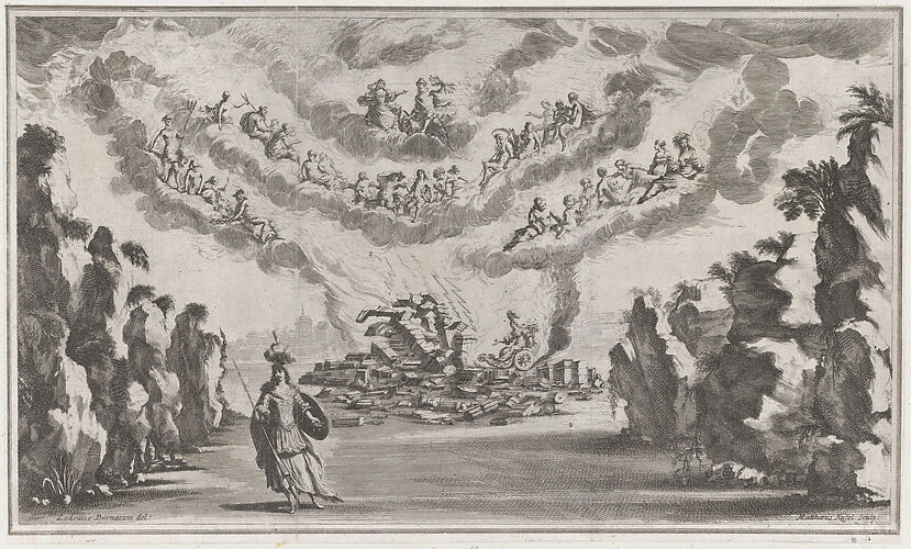 A woman in a chariot arrives at the ruins of a building as the Olympian gods look down from above, in the foreground stands an armed female figure; set design from 'Il Pomo D'Oro'