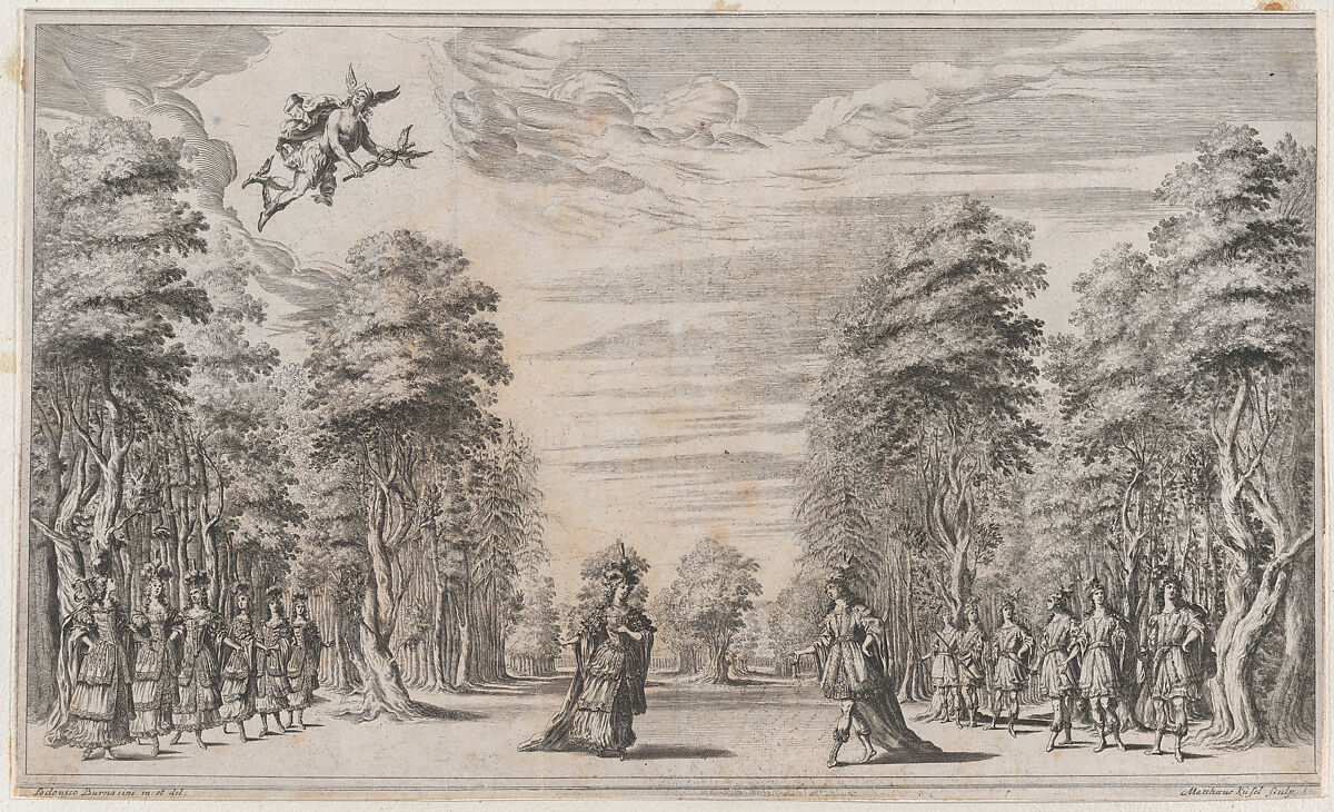 A man and a woman conversing at center, surrounded by a row of young men to the right and young women to the left, Mercury appears at top left corner; set design from 'Il Pomo D'Oro', Mathäus Küsel (German, 1621–1682), Etching and engraving 