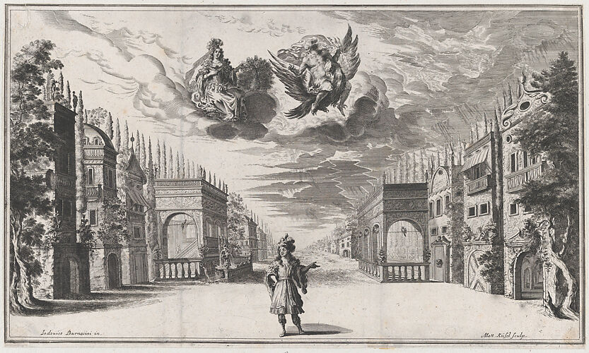 A man stands at center, flanked by rows of buildings; above Jupiter atop an eagle and Juno accompanied by a peacock, converse among the clouds; set design from 'Il Pomo D'Oro'