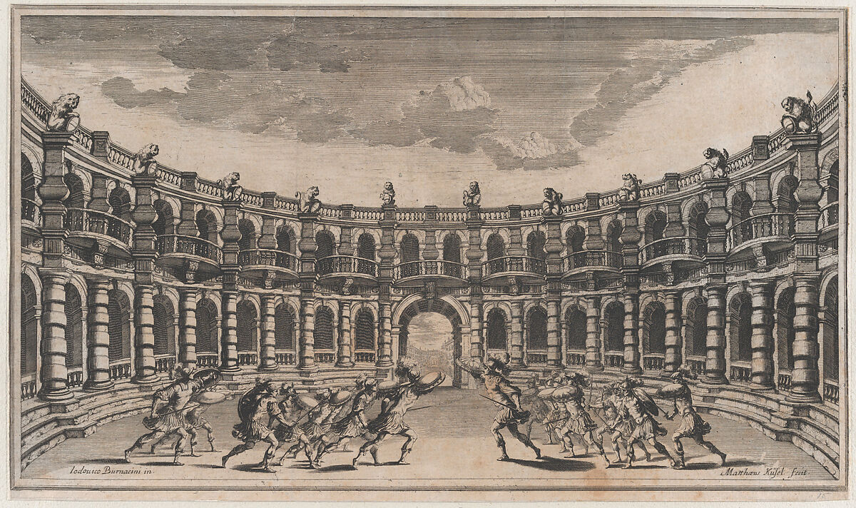 Amphitheater with two groups of soldiers running toward each other; set design from 'Il Pomo D'Oro', Mathäus Küsel (German, 1621–1682), Etching 