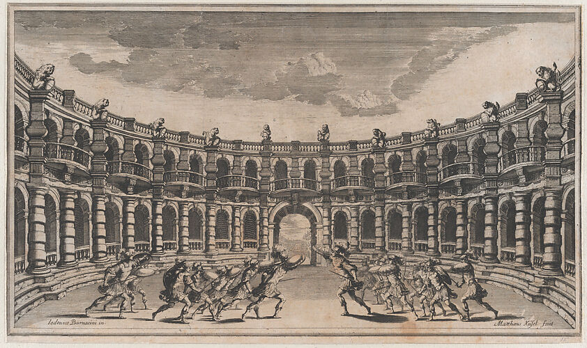 Amphitheater with two groups of soldiers running toward each other; set design from 'Il Pomo D'Oro'