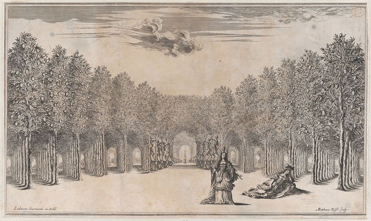 Two females in the foreground, one standing the other reclining, surrounded by tree-lined paths; set design from 'Il Pomo D'Oro', Mathäus Küsel (German, 1621–1682), Etching 
