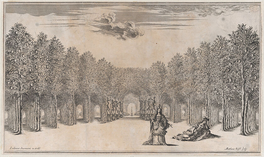Two females in the foreground, one standing the other reclining, surrounded by tree-lined paths; set design from 'Il Pomo D'Oro'