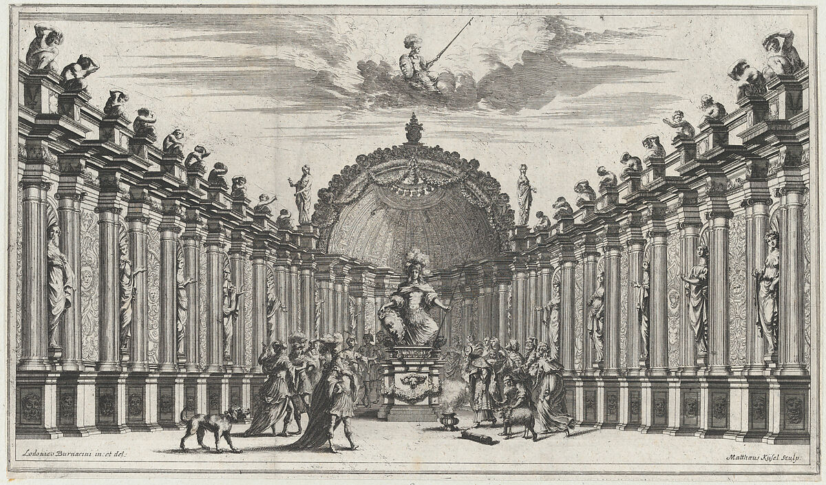 Figures worshipping the statue of an armed figure; set design from 'Il Pomo D'Oro', Mathäus Küsel (German, 1621–1682), Etching 
