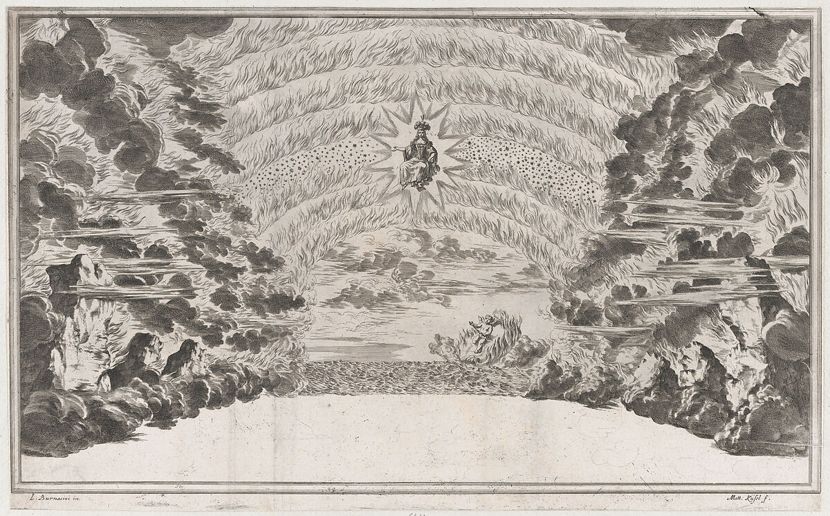 A female figure in glory at center, surrounded by burning rocks; below Cupid sailing on a burning chariot; set design from 'Il Pomo D'Oro', Mathäus Küsel (German, 1621–1682), Etching 