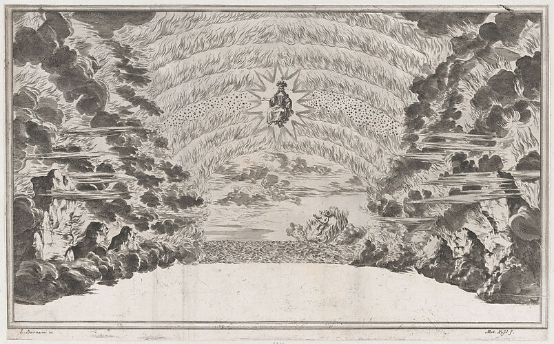 A female figure in glory at center, surrounded by burning rocks; below Cupid sailing on a burning chariot; set design from 'Il Pomo D'Oro'