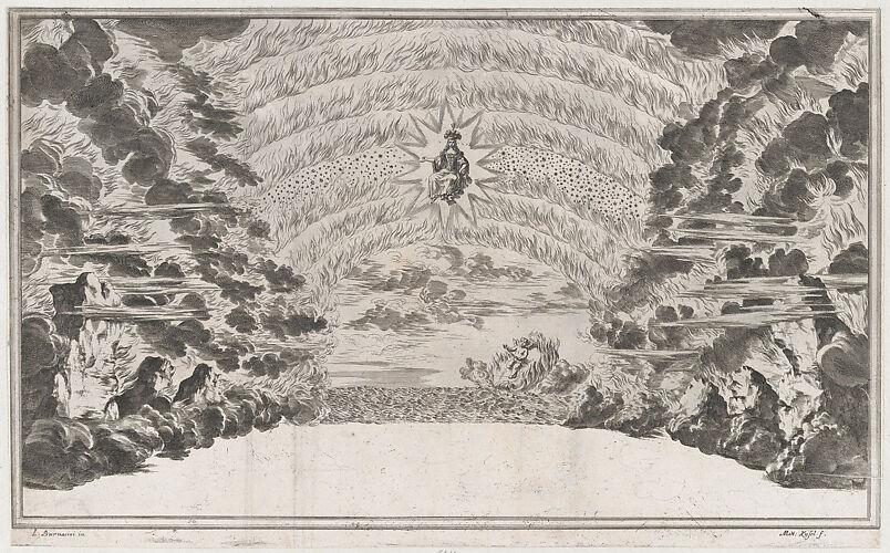 A female figure in glory at center, surrounded by burning rocks; below Cupid sailing on a burning chariot; set design from 'Il Pomo D'Oro'