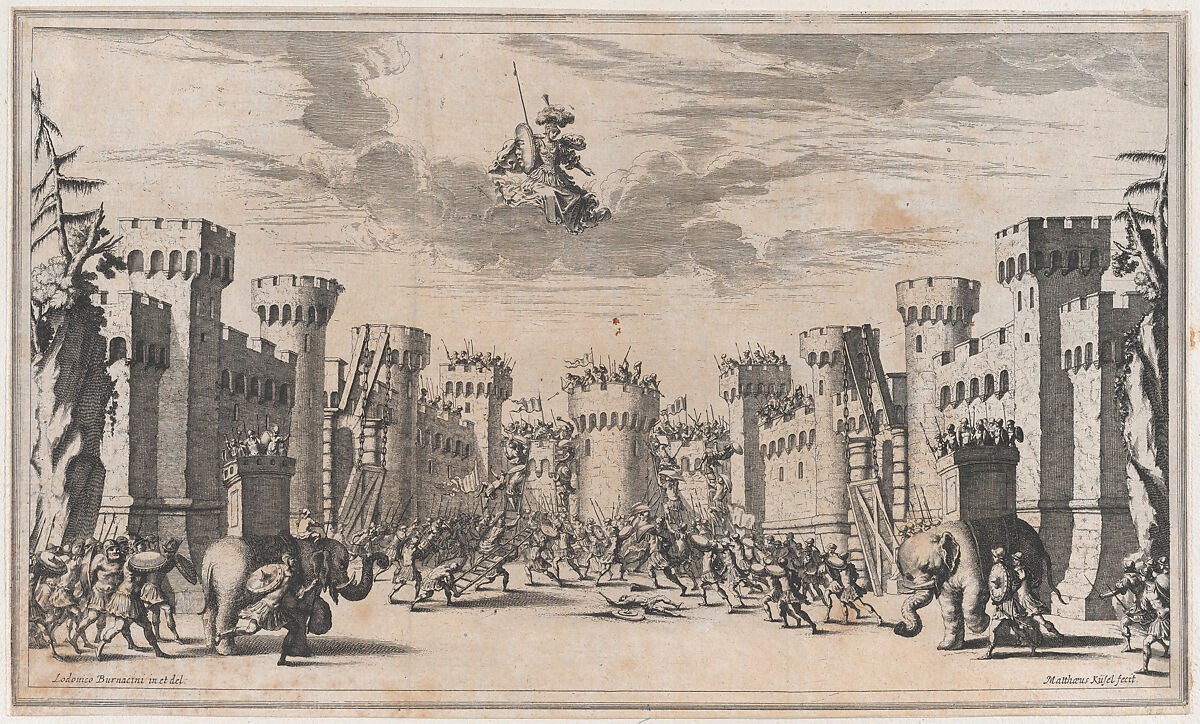 A city under siege with elephants and soldiers throughout; Mars looking down from above; set design from 'Il Pomo D'Oro', Mathäus Küsel (German, 1621–1682), Etching 