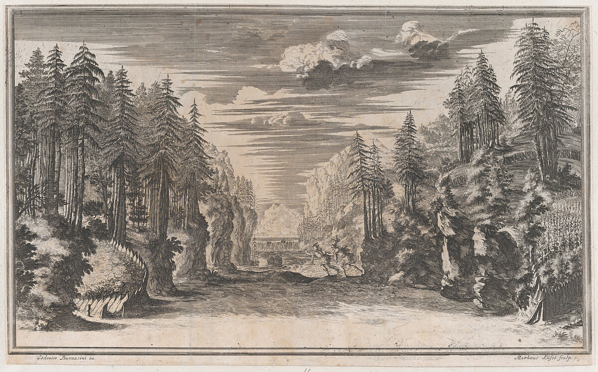 Landscape with two figures running along the bank of the river Xanto; set design from 'Il Pomo D'Oro', Mathäus Küsel (German, 1621–1682), Etching 