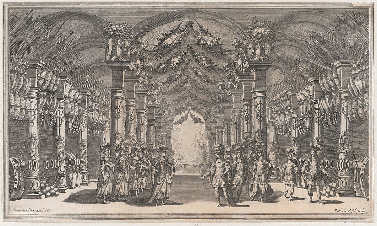 Arsenal of Mars; a group of soldiers standing across from a group of women in an arsenal; ships off in the distance; set design from 'Il Pomo D'Oro', Mathäus Küsel (German, 1621–1682), Etching 