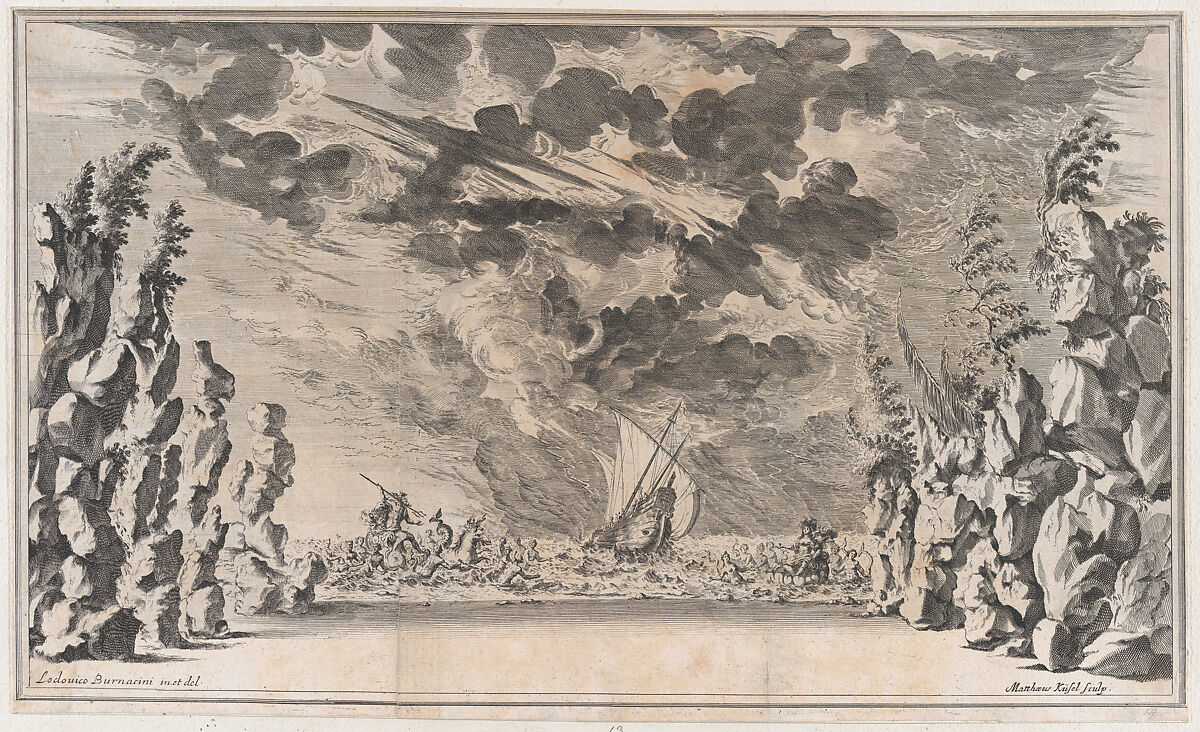 A shore framed by rocks, with Neptune in his chariot on the left and Salacia in hers on the right; at center, a ship caught in a storm; set design from 'Il Pomo D'Oro', Mathäus Küsel (German, 1621–1682), Etching 