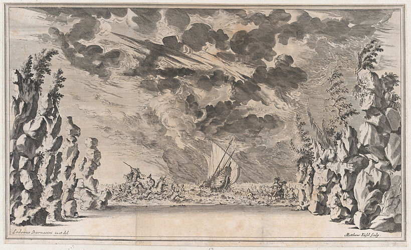 A shore framed by rocks, with Neptune in his chariot on the left and Salacia in hers on the right; at center, a ship caught in a storm; set design from 'Il Pomo D'Oro'