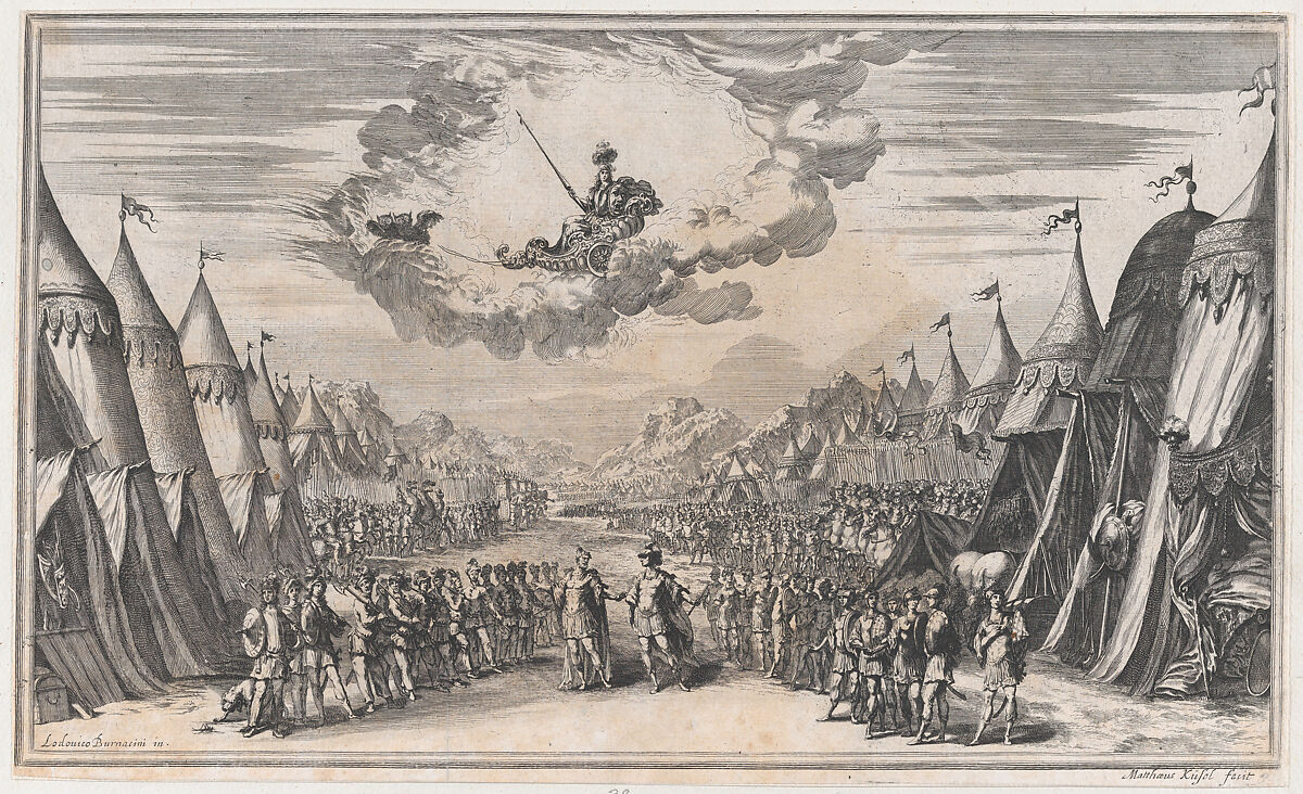 The leaders of two armies conversing, their respective troops and camps on either side; above, Minerva observes from her chariot; set design from 'Il Pomo D'Oro', Mathäus Küsel (German, 1621–1682), Etching 