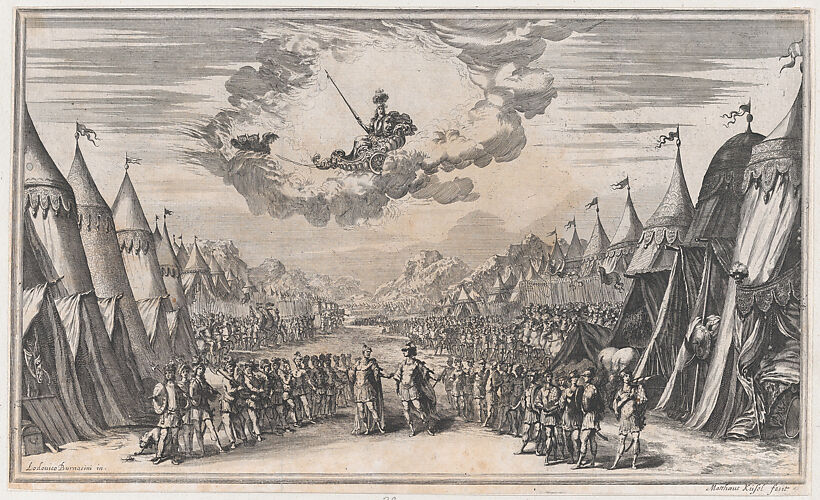 The leaders of two armies conversing, their respective troops and camps on either side; above, Minerva observes from her chariot; set design from 'Il Pomo D'Oro'