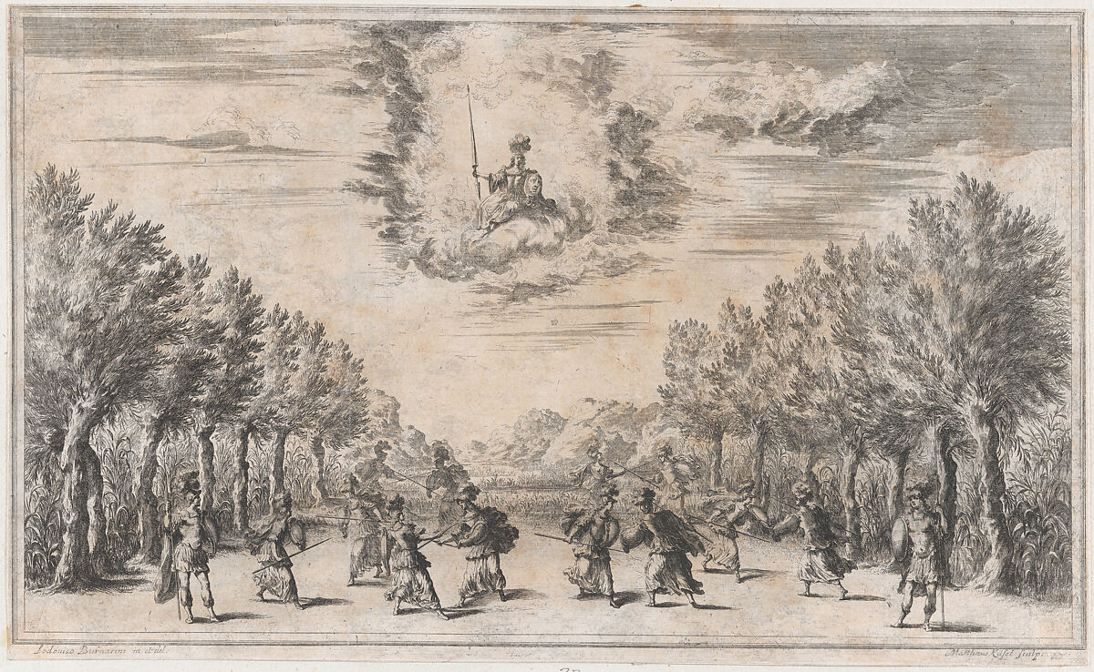 Marsh of Triton; figures battling as Minerva looks on from above; set design from 'Il Pomo D'Oro', Mathäus Küsel (German, 1621–1682), Etching 