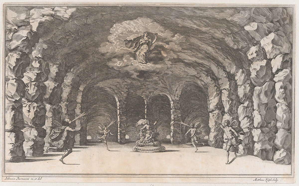 Cavern of Aeolus; a cave with wind gods blowing on either side of Aeolus who sits enthroned at center; set design from 'Il Pomo D'Oro', Mathäus Küsel (German, 1621–1682), Etching 
