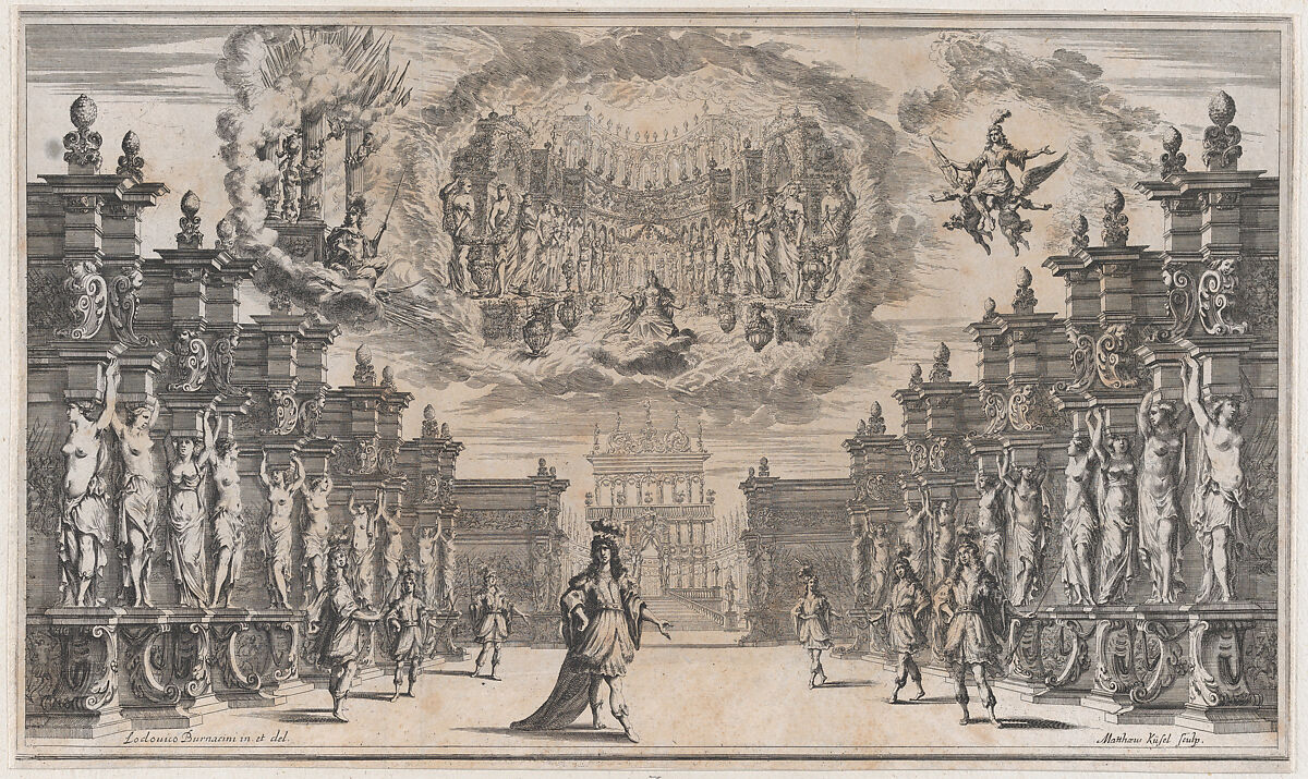 Courtyard of a palace with a man standing at center surrounded by attendants; above, a vision of a woman in a similar scene; set design from 'Il Pomo D'Oro', Mathäus Küsel (German, 1621–1682), Etching 