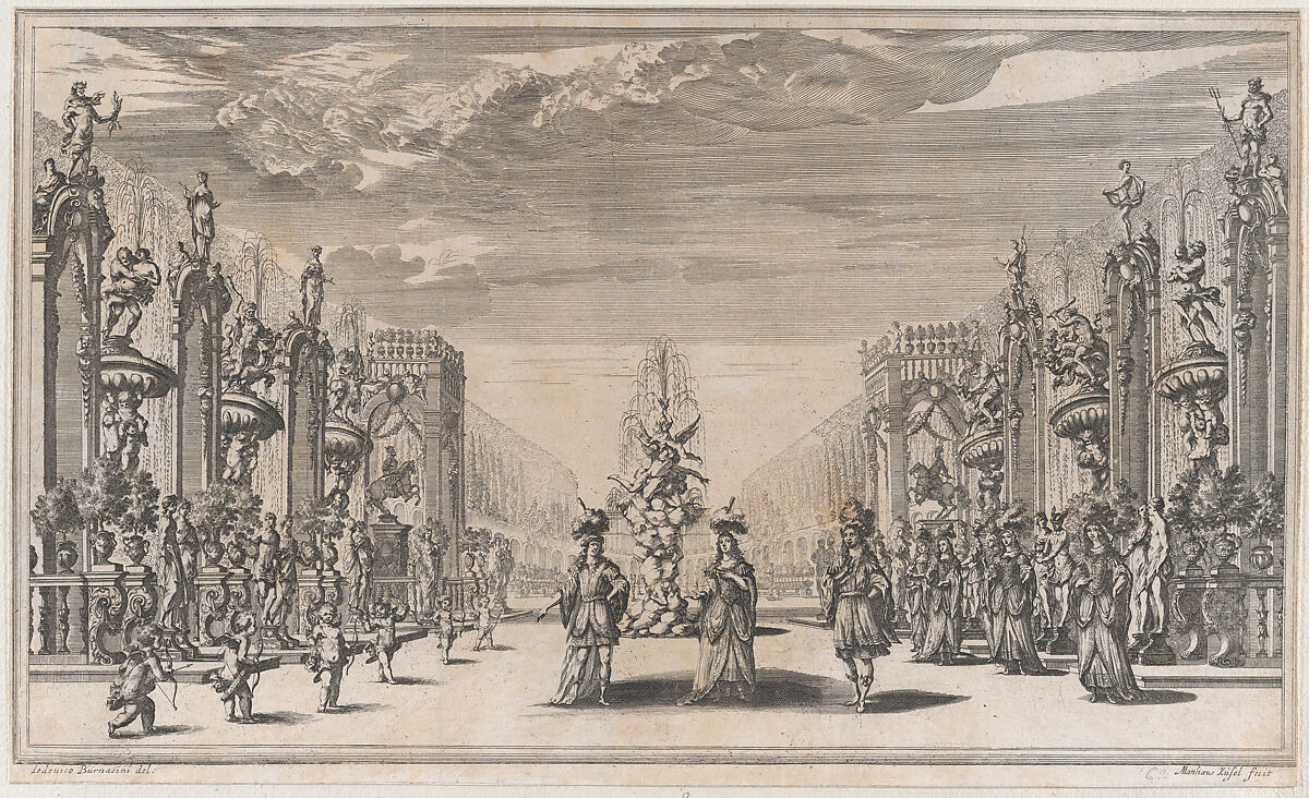 Pleasure garden, with three figures in front of a fountain at center, a row of putti to the left, and a group of women to the right; set design from 'Il Pomo D'Oro', Mathäus Küsel (German, 1621–1682), Etching 