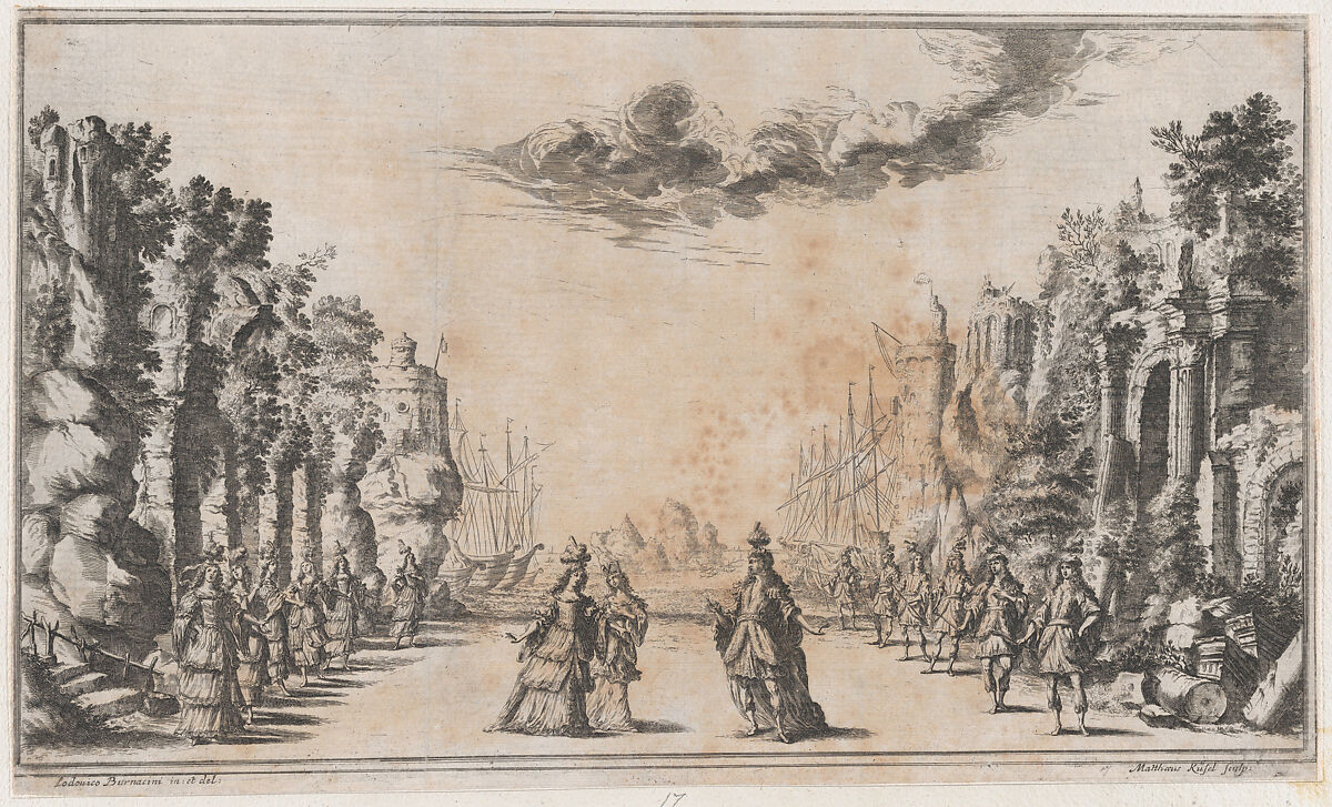 A man and two women conversing at center; young men standing to their right and young women to their left; ships in the distance; set design from 'Il Pomo D'Oro', Mathäus Küsel (German, 1621–1682), Etching 