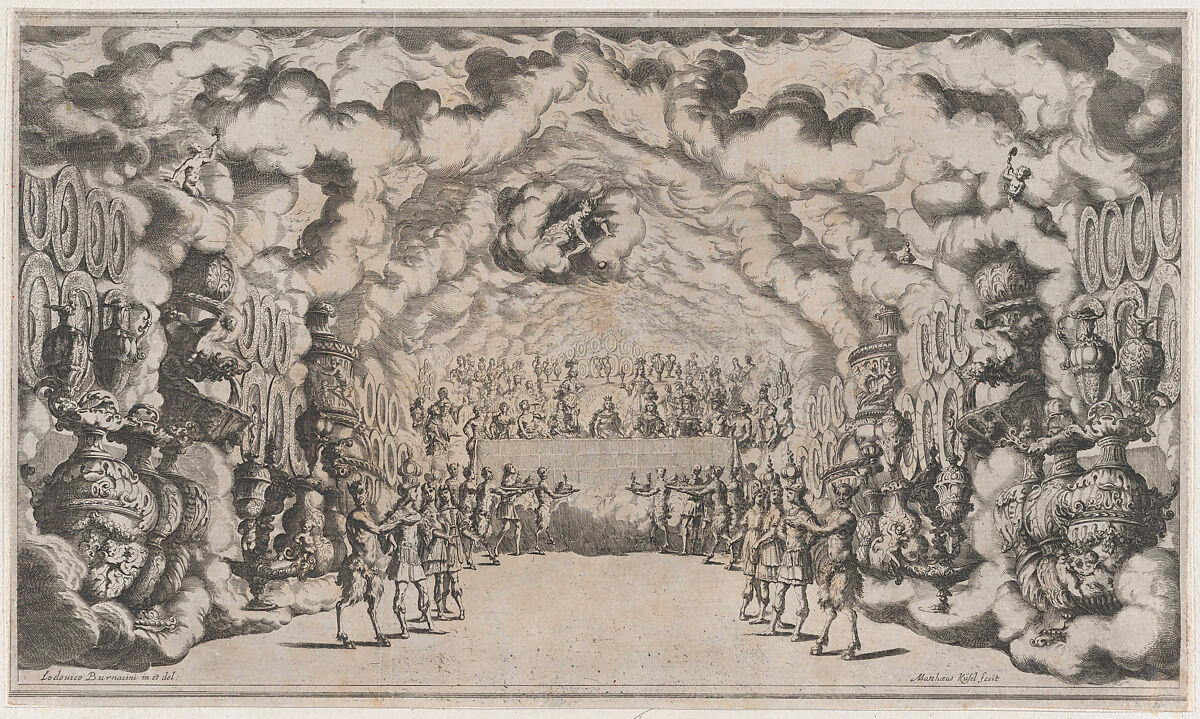 Kingdom of Jove with the banquet of the gods; set design from 'Il Pomo D'Oro', Mathäus Küsel (German, 1621–1682), Etching 