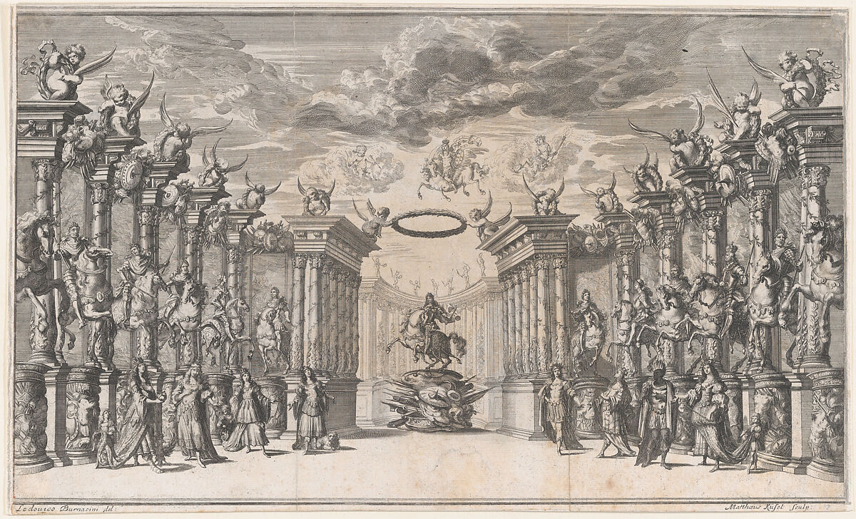 The Triumph of Austria; Leopold I at center, mounted on a reared horse, atop a military trophy; surrounded by equestrian portraits of the Holy Roman Emperors; set design from 'Il Pomo D'Oro', Mathäus Küsel (German, 1621–1682), Etching 