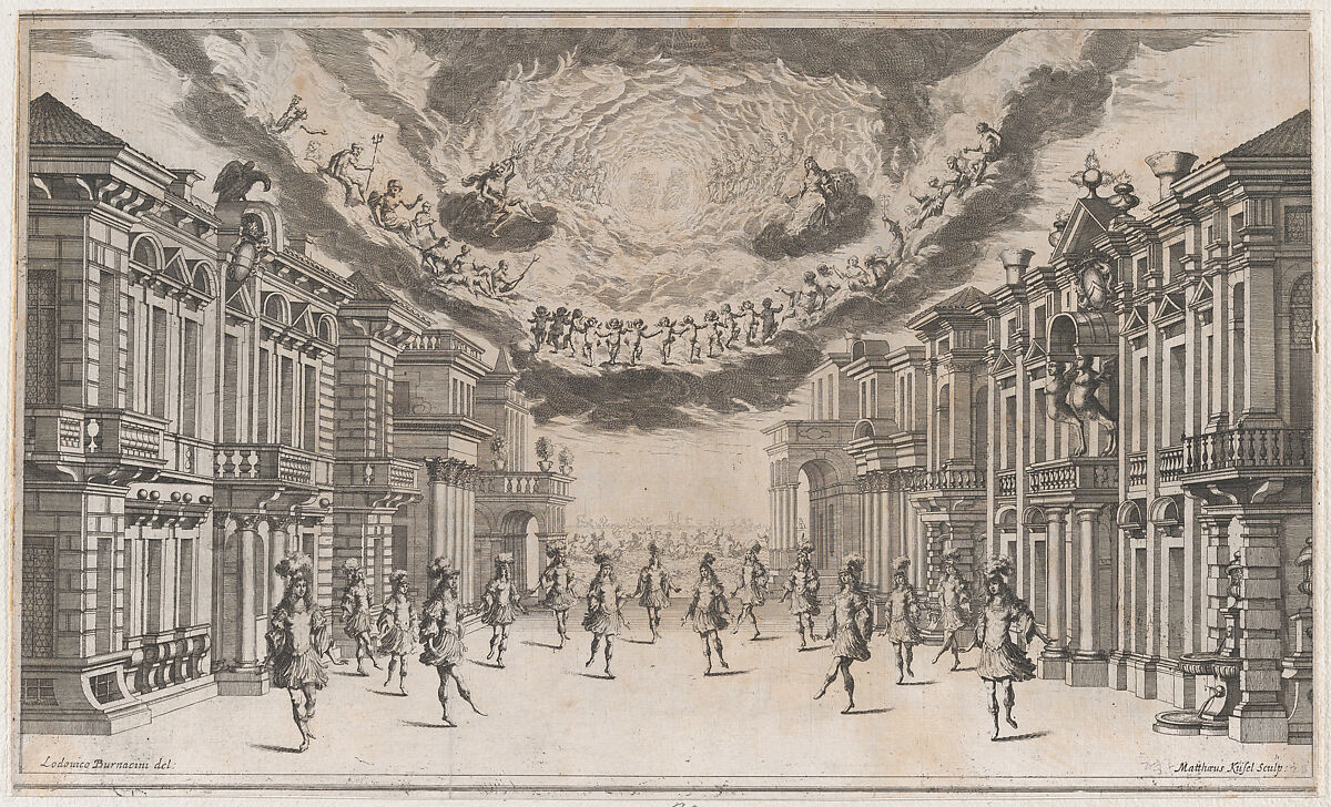 A group of young men dancing as the gods look on from above; set design from 'Il Pomo D'Oro', Mathäus Küsel (German, 1621–1682), Etching 