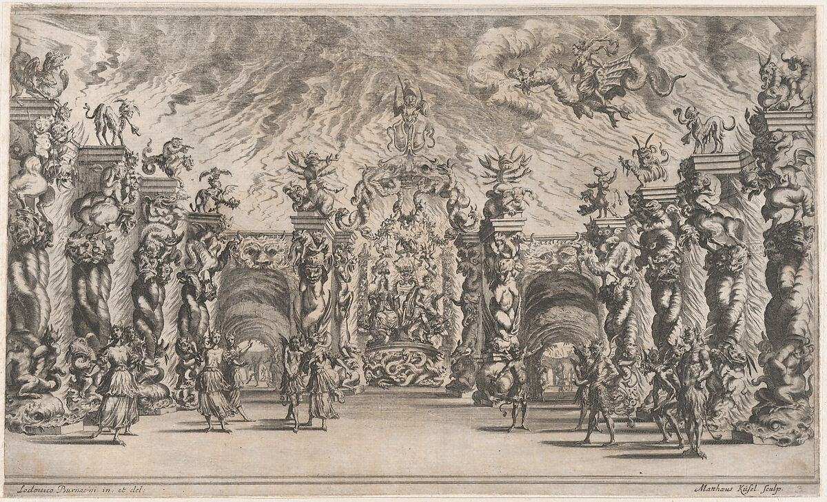 Kingdom of Pluto; a view of the underworld with Pluto and Proserpina enthroned at center, surrounded by demons; set design from 'Il Pomo D'Oro', Mathäus Küsel (German, 1621–1682), Etching 