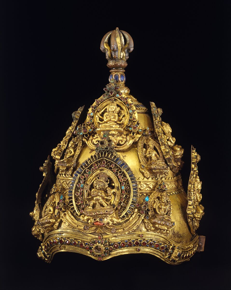 Vajracharya Priest’s Crown, Gilt copper alloy with semiprecious stones, lapis lazuli, and turquoise inlays, Nepal