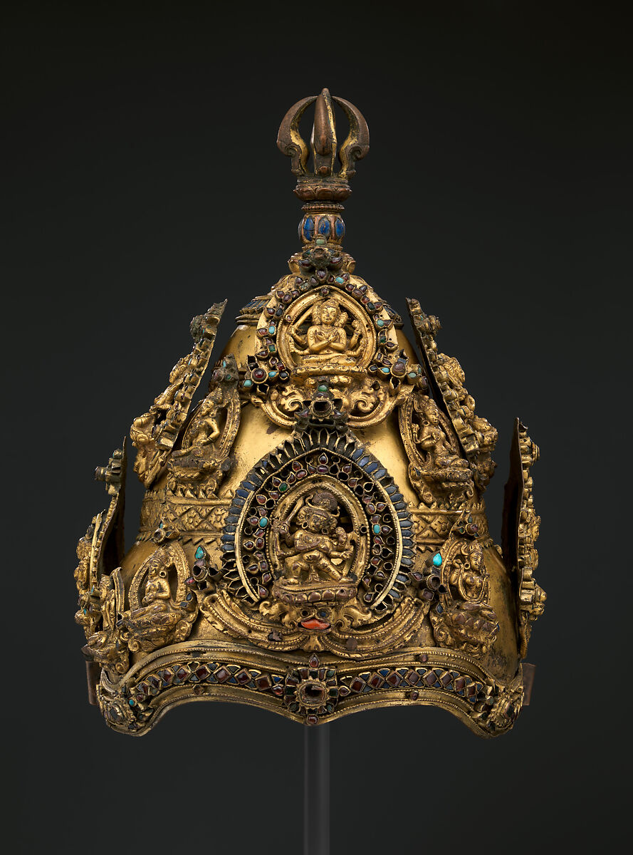 Vajracharya Priest’s Crown, Gilt-copper alloy inlaid with semiprecious stones, lapis lazuli, and turquoise, Nepal 