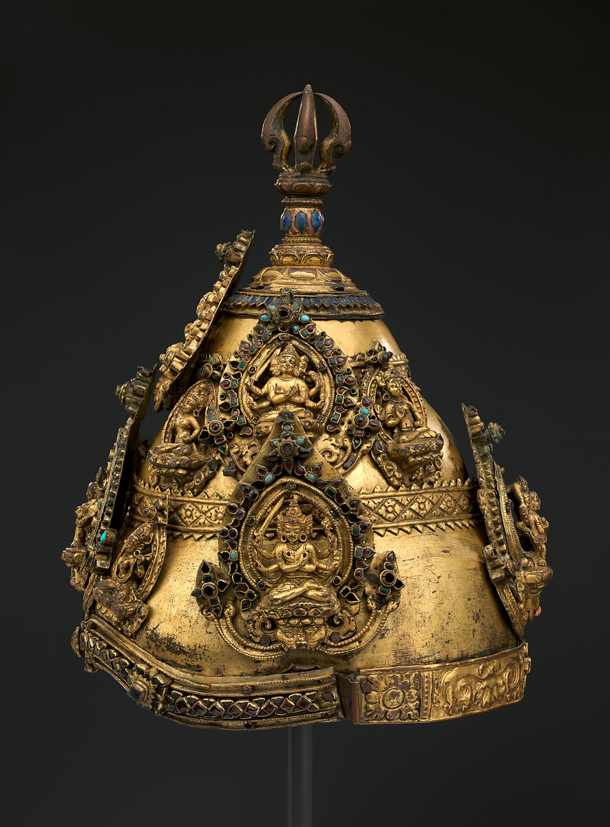 Vajracharya Priest’s Crown, Gilt copper alloy with semiprecious stones, lapis lazuli, and turquoise inlays, Nepal