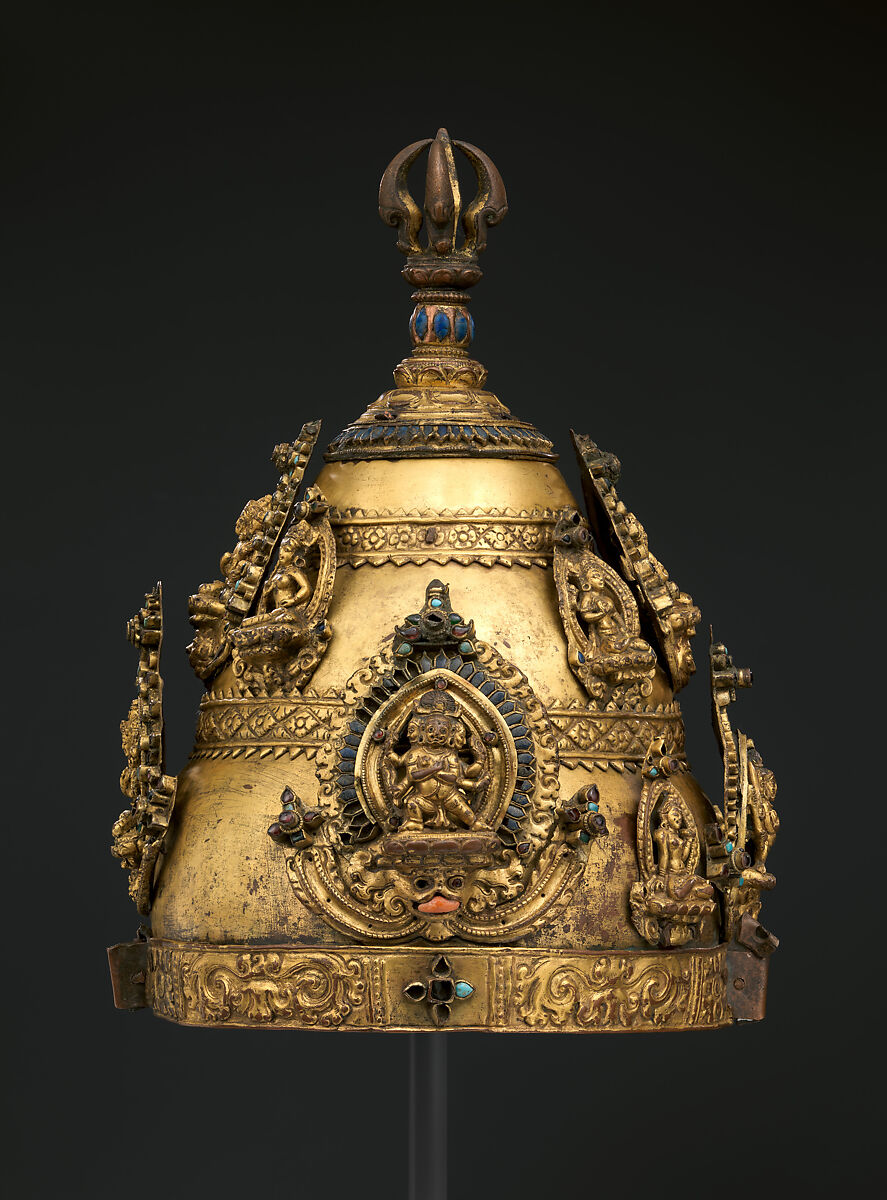 Vajracharya Priest’s Crown, Gilt copper alloy with semiprecious stones, lapis lazuli, and turquoise inlays, Nepal