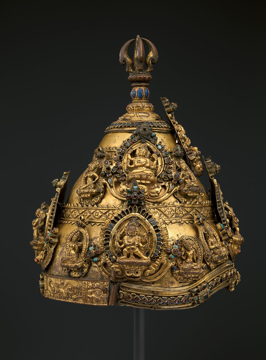 Vajracharya Priest’s Crown, Gilt copper alloy with semiprecious stones, lapis lazuli, and turquoise inlays, Nepal