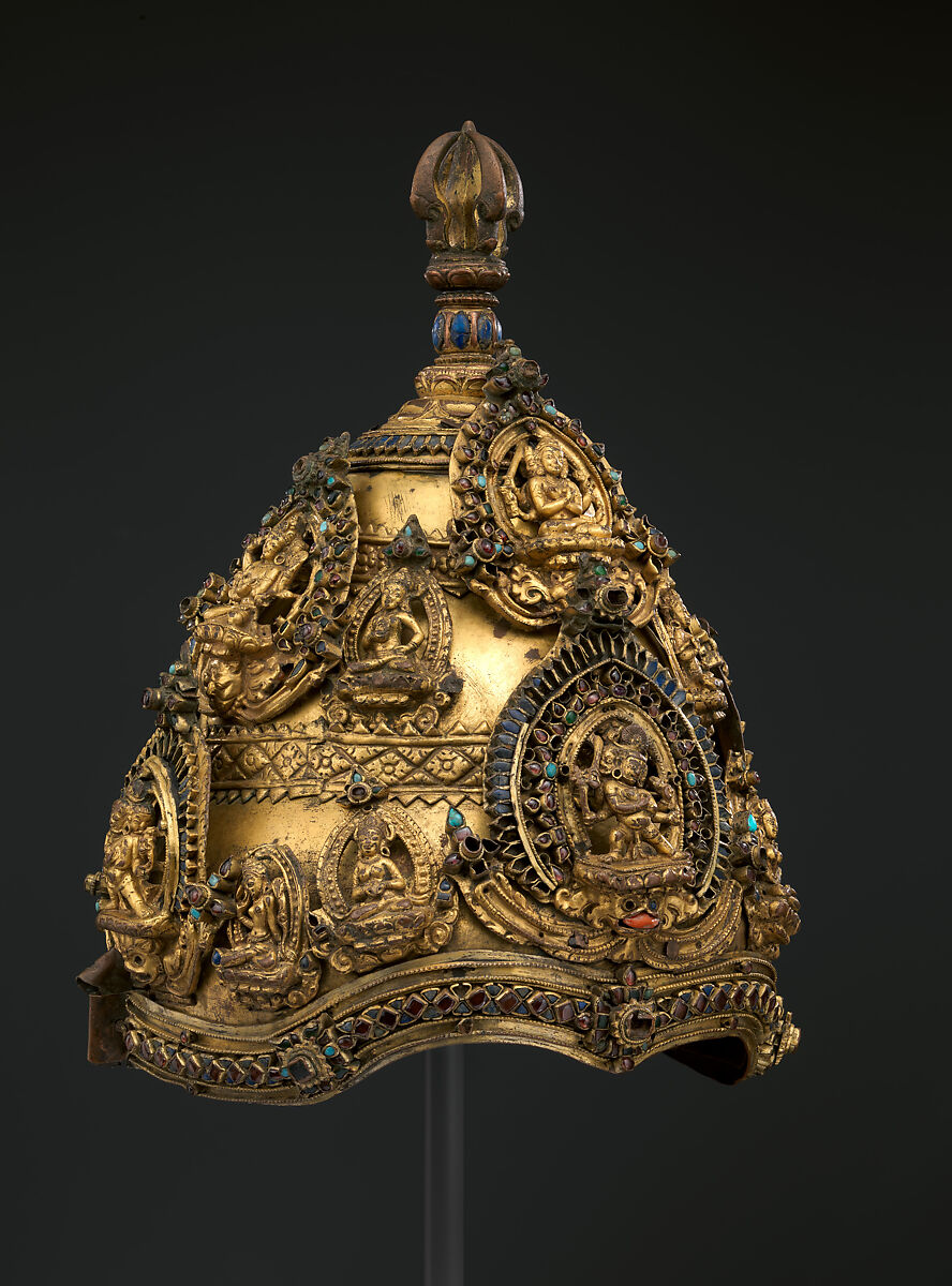 Vajracharya Priest’s Crown, Gilt copper alloy with semiprecious stones, lapis lazuli, and turquoise inlays, Nepal