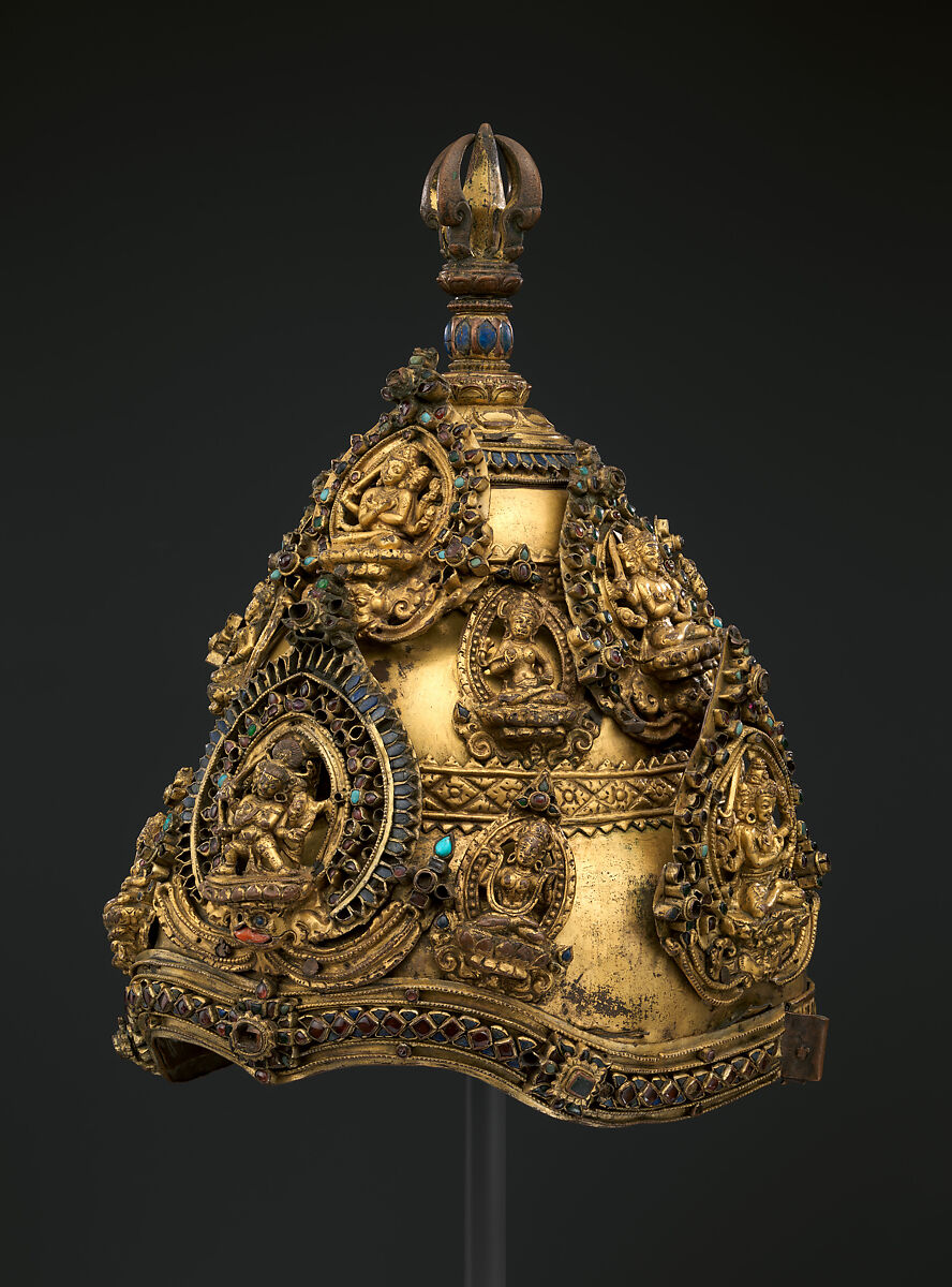 Vajracharya Priest’s Crown, Gilt copper alloy with semiprecious stones, lapis lazuli, and turquoise inlays, Nepal