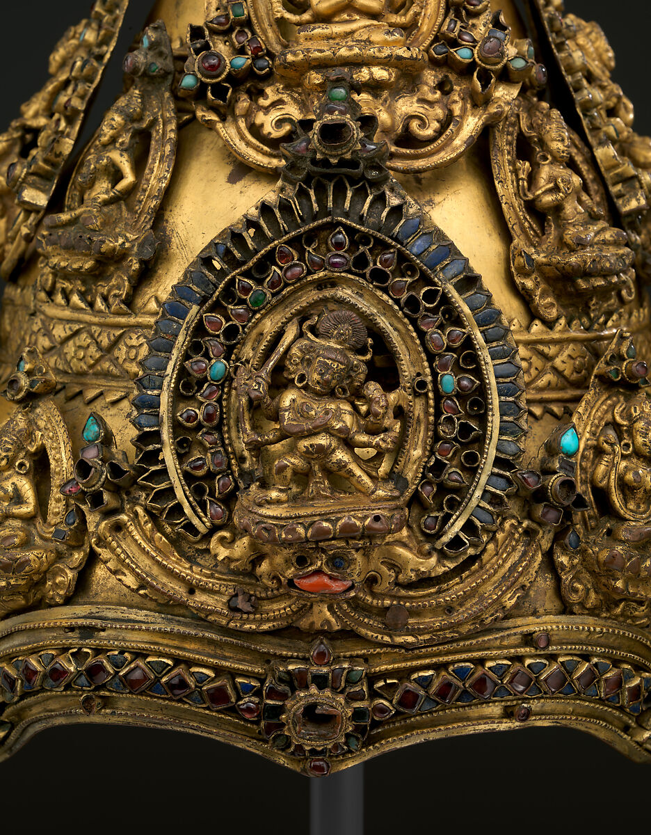Vajracharya Priest’s Crown, Gilt copper alloy with semiprecious stones, lapis lazuli, and turquoise inlays, Nepal