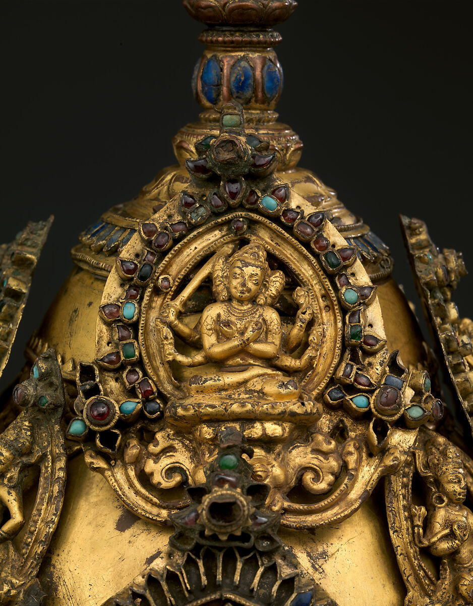 Vajracharya Priest’s Crown, Gilt copper alloy with semiprecious stones, lapis lazuli, and turquoise inlays, Nepal