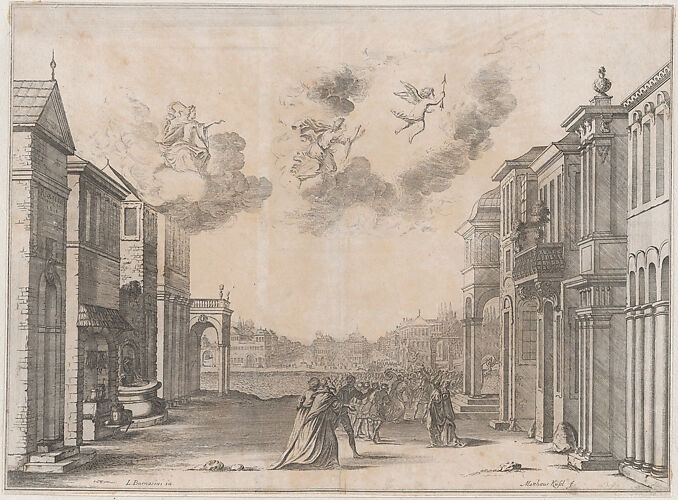 Figures gathered at a seaport as a ship arrives; set design from 'Il Fuoco Eterno'