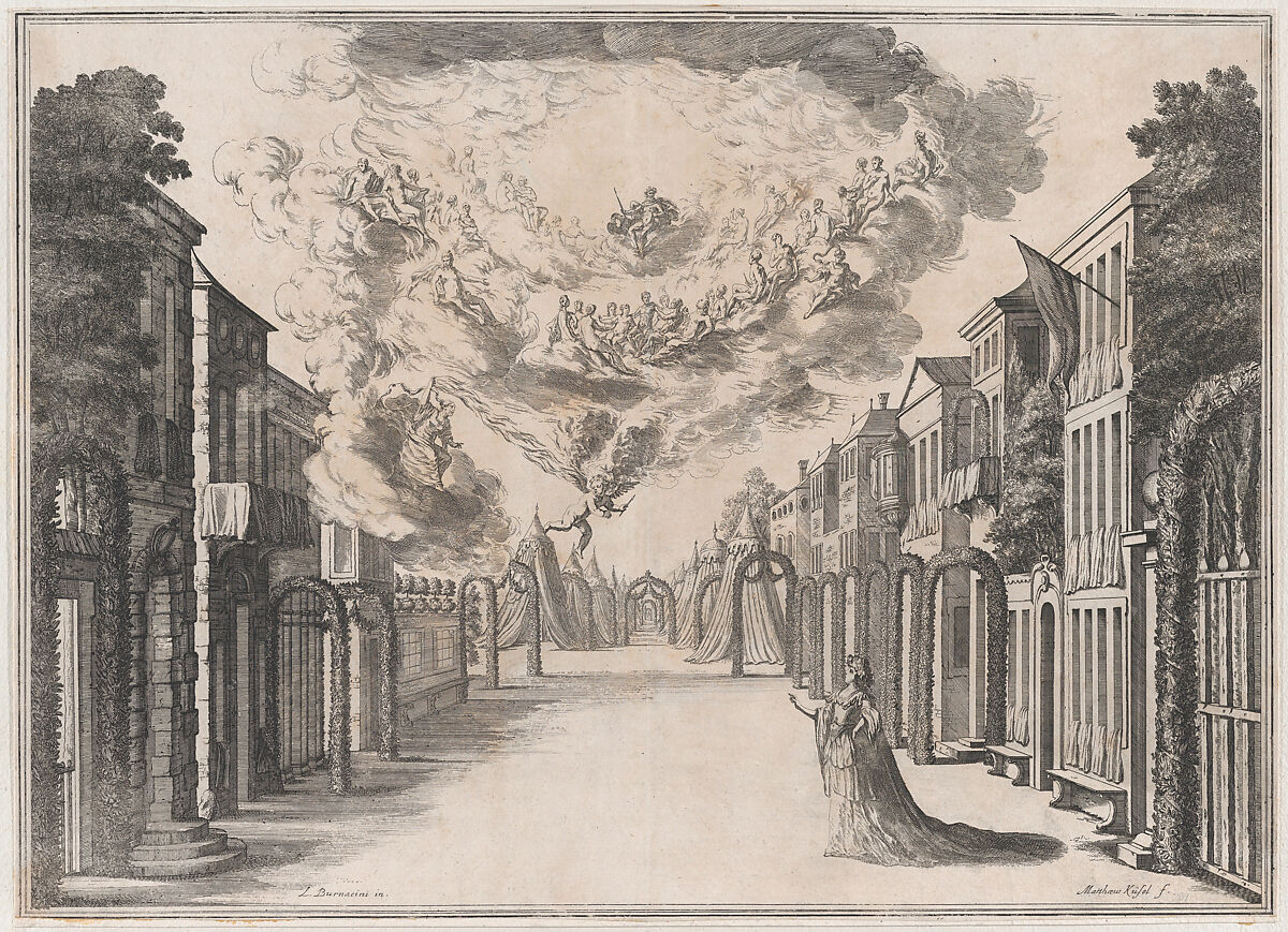 A woman standing on an empty street, gazing up at the Olympian gods in the sky; set design from 'Il Fuoco Eterno', Mathäus Küsel (German, 1621–1682), Etching 
