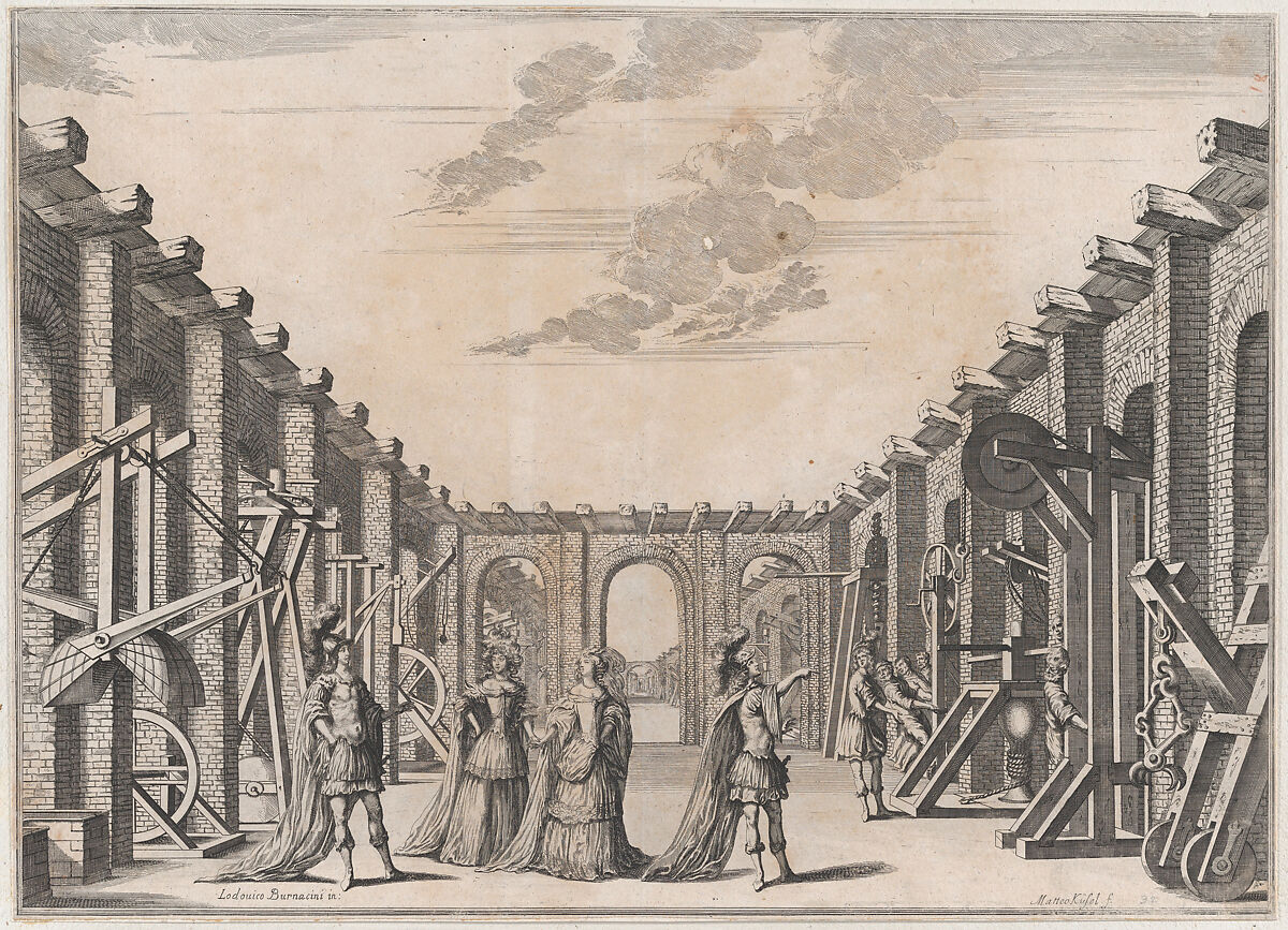 Two men in classical armor and two women looking at the mechanical devices on either side of an open courtyard; set design from 'Il Fuoco Eterno', Mathäus Küsel (German, 1621–1682), Etching 